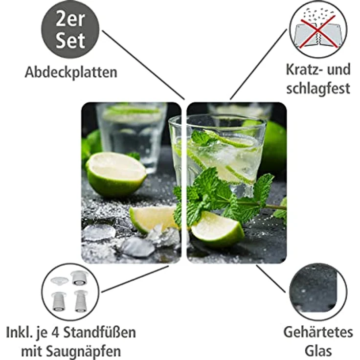 Wenko Herdabdeckplatte Universal Mojito, 2er Set Herdabdeckung für alle Herdarten, Gehärtetes Glas, 30 x 52 cm, mehrfarbig – Bild 3