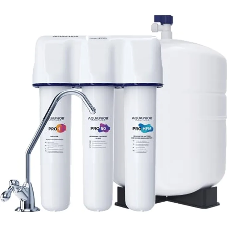 AQUAPHOR PRO50-HFM Umkehrosmoseanlage, Trinkwasser-System mit Keimsperre und Remineralisierung, 190 Liter/Tag, Edelstahl Membrandrucktank