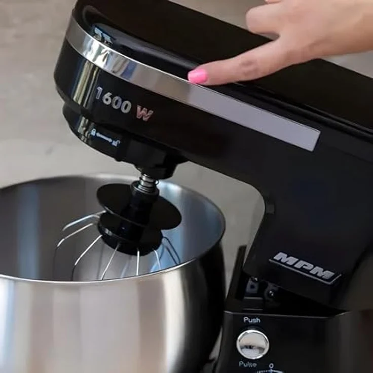 MPM MRK-21 Küchenmaschine 1600W - Knetmaschine mit 5L Edelstahlbehälter & 4L Kunststoffschüssel - Küchenroboter mit 3 Rührbesen, 6 Geschwindigkeiten, Schwarz – Bild 4