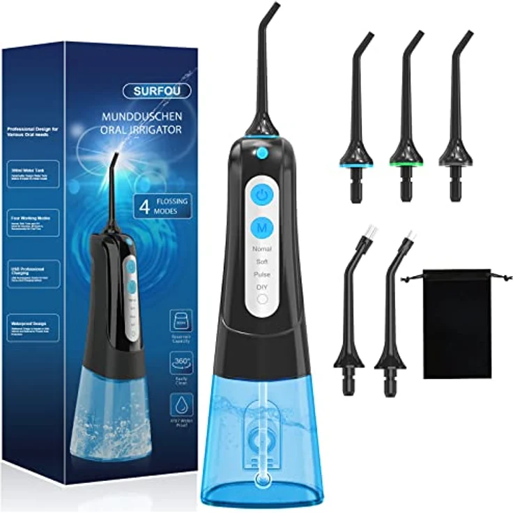 SURFOU Munddusche, Water Flosser IPX7 wasserdicht, 300ml Zahnzwischenraumreiniger, Munddusche kabellos USB wiederaufladbar mit 4 Modi und 5 Düsen für Reisen & Hause – Bild 1