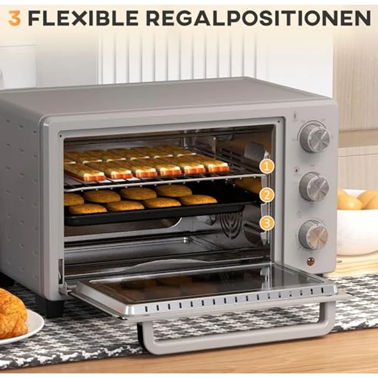 HOMCOM Minibackofen 21L 1400W 60 Min. Timer, Temperaturregelung 100 °C-230 °C, Inklusive Backblech und Drahtgestell, Edelstahl in Silber – Bild 4