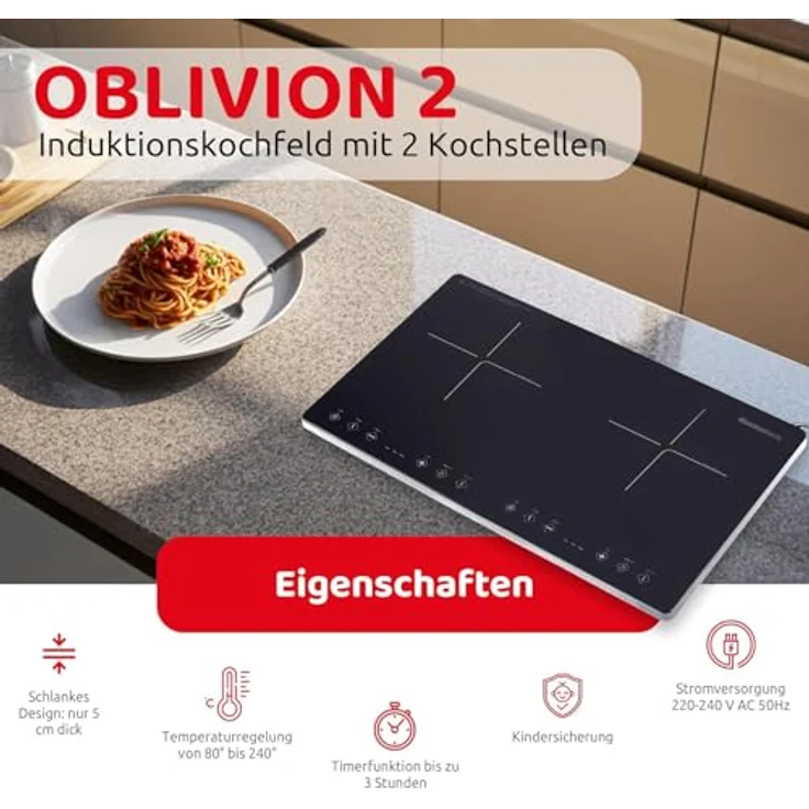 Melchioni Family Induktionskochfeld OBLIVION 2, 2 Kochzonen, Schwarzes Glas, Digitale Steuerung, Timer, Kindersicherung, Überhitzungsschutz, Maximalaufnahme 3300W – Bild 2