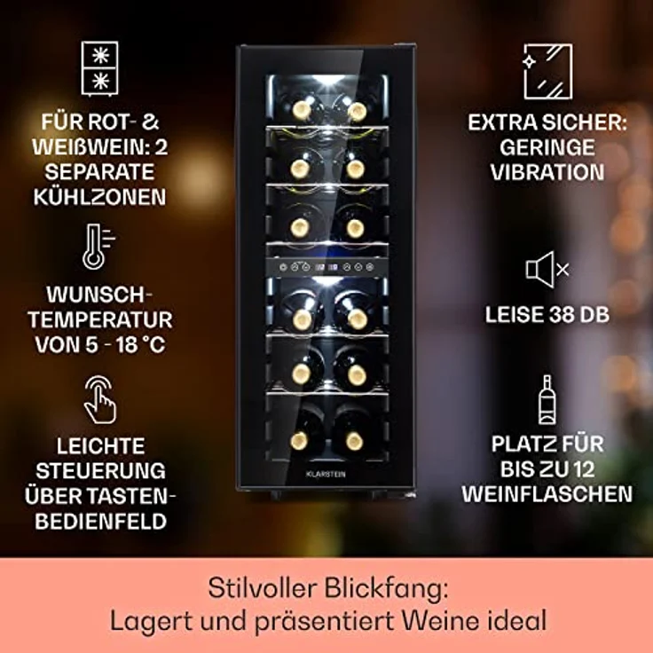 Klarstein Weinkühlschrank Freistehend, 2 Zonen mit Glastür, UV-Schutz, 5-18°C, 12 Flaschen – Bild 2