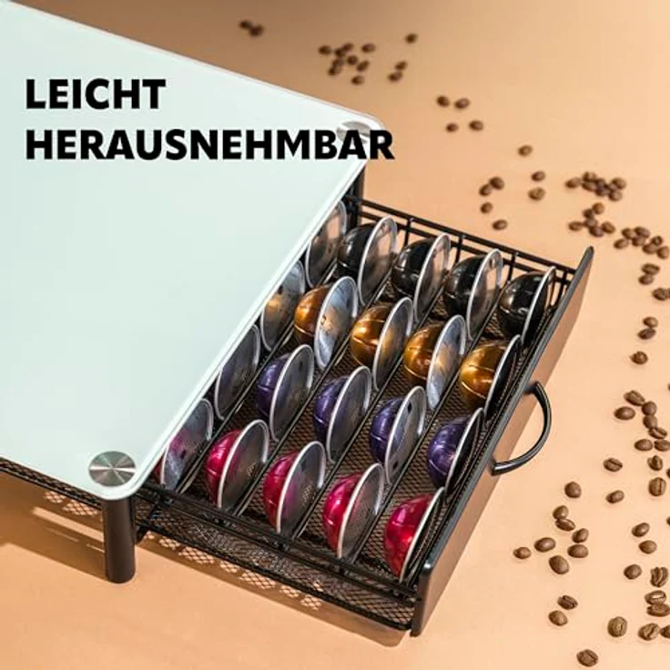 eluno Kapselhalter für 40x Nespresso Vertuo, Schubladenbox mit Glasplatte und Metallständer, ca. 33,5 x 9 x 41 cm, weiß – Bild 4