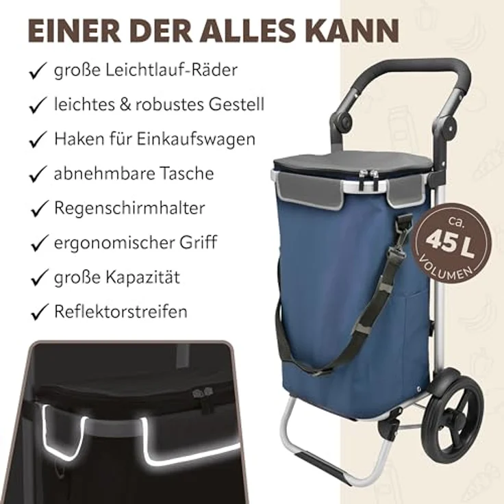 bremermann Einkaufstrolley JEEBEL, Handwagen, Einkaufswagen mit Abnehmbarer Tasche, Verstellbarer Griff (Blau) – Bild 3