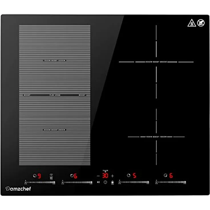 AMZCHEF Induktionskochfeld 60cm mit Flexzonen für BBQ, 4 Boost-Zonen, 9 Stufen, 7400W, Touchscreen - Schwarz