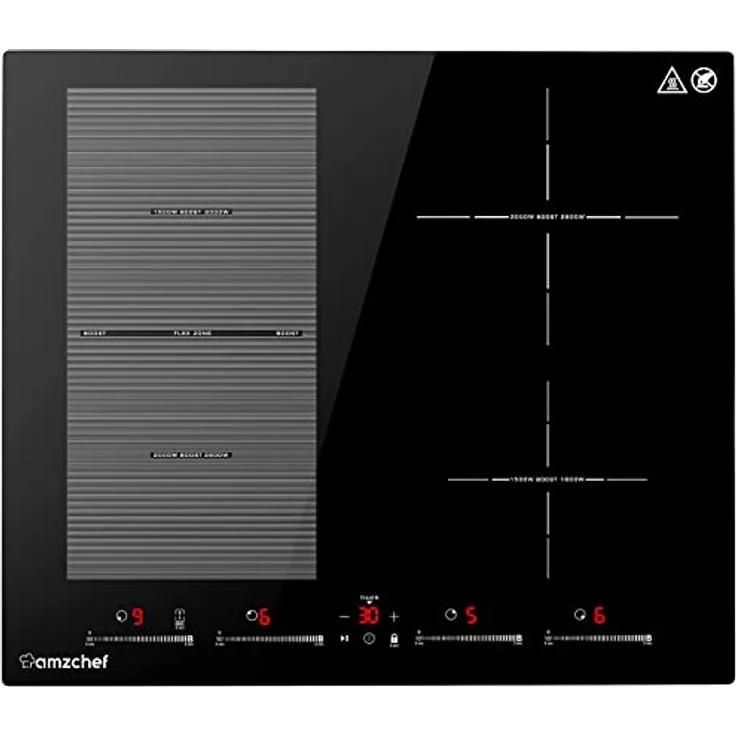 AMZCHEF Induktionskochfeld 60cm mit Flexzonen für BBQ, 4 Boost-Zonen, 9 Stufen, 7400W, Touchscreen - Schwarz – Bild 1