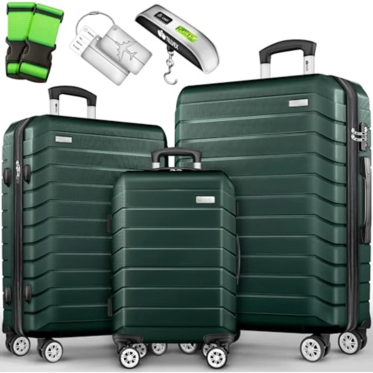 tillvex® Reisekoffer Set 3-TLG. Hartschalenkoffer mit 4 Rollen, integriertes TSA-Schloss, inkl. Gepäckwaage, Koffergurte & Kofferanhänger, Farben: Armeegrün, Größen S-M-L-XL – Bild 1