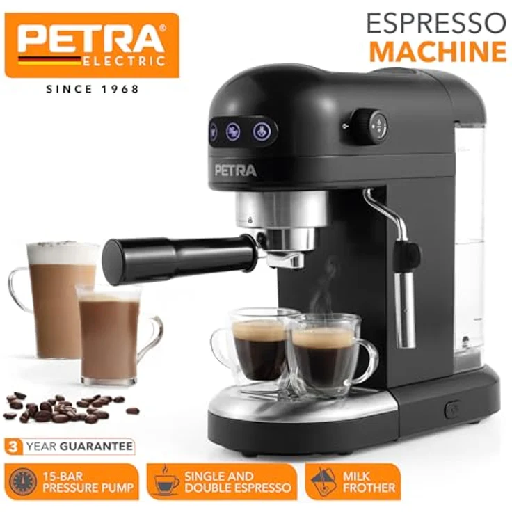Petra PT5240BVDE Espresso Machine, Siebträgermaschine mit 15 bar Druckpumpe und Milchaufschäumer, Schwarz – Bild 3