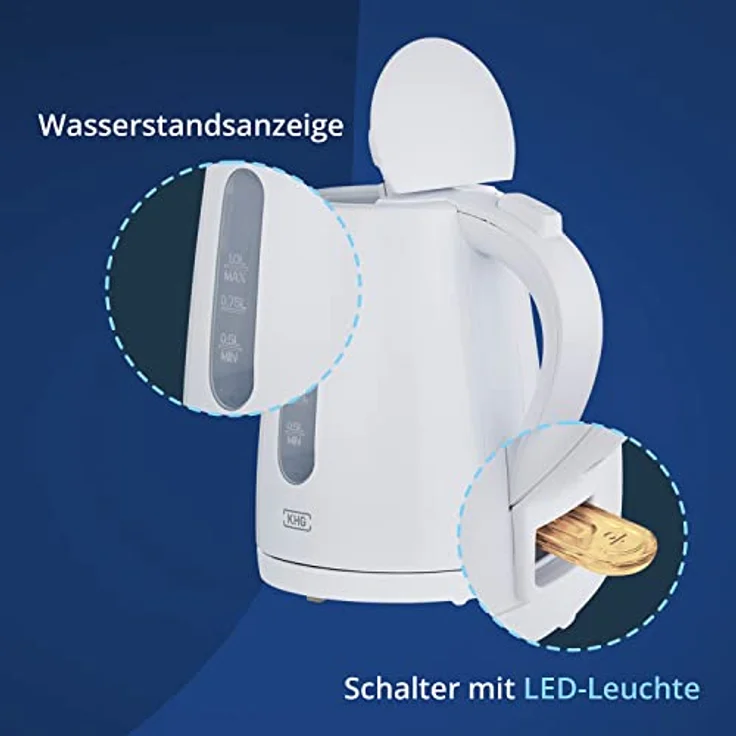 KHG Wasserkocher WK-100W, Kunststoff weiß, 1 Liter, abwaschbarer Kalkfilter, Wasserstandsanzeige, Trockengehschutz, 2200 Watt – Bild 4