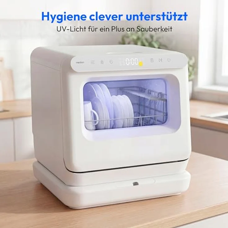 MEDION Mini Geschirrspüler DWT30, freistehend, 3 Maßgedecke, Tischgeschirrspüler mit/ohne Wasseranschluss, 6 Programme, UV-Licht, Lüfter-Trocknung, Touch-Display, weiß, MD370022 – Bild 6