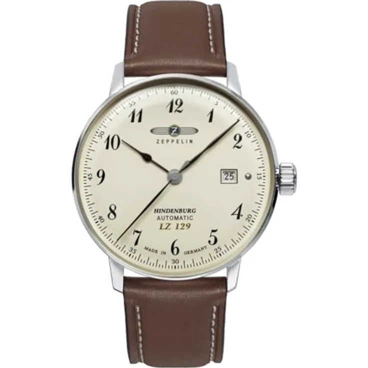 Zeppelin Herrenuhr Hindenburg 8056-5, 40 mm Automatik mit beigem Zifferblatt, braunem Lederarmband und Sichtboden