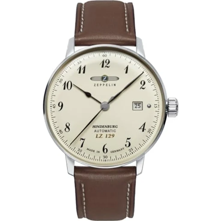 Zeppelin Herrenuhr Hindenburg 8056-5, 40 mm Automatik mit beigem Zifferblatt, braunem Lederarmband und Sichtboden – Bild 1