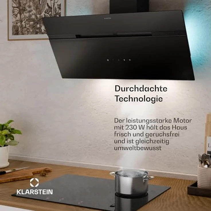 Klarstein Alina Dunstabzugshaube, EEK A, Touchpanel, LED-Beleuchtung, Abluft/Umluft, 615 m³/h, Schwarz – Bild 3