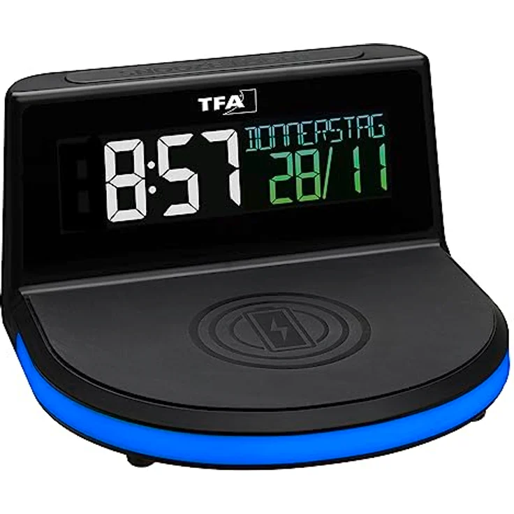 TFA Dostmann Charge-IT Wireless Digitalwecker 60.2028.01, mit kabelloser Qi-Ladestation, Farbdisplay, Datum, Raumtemperatur, Weckalarm und Snooze-Funktion, schwarz – Bild 5