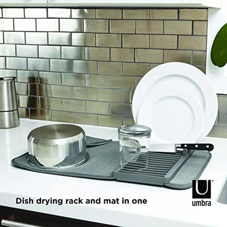 Umbra Udry Mini Geschirr Abtropfgestell und Mikrofaser Abtropfmatte – Faltbar, Platzsparend und Leicht Verstaubar, 50 x 33 cm, Dunkelgrau – Bild 6