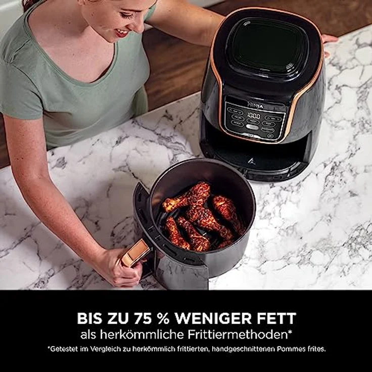 Ninja Air MAX Heißluftfritteuse, Airfryer, 5,2L, Familiengröße, antihaftbeschichteter, spülmaschinenfester Korb, Silikonzange, 5-in-1, Amazon Exklusiv, Kupfer/Schwarz, AF150EUCP – Bild 2