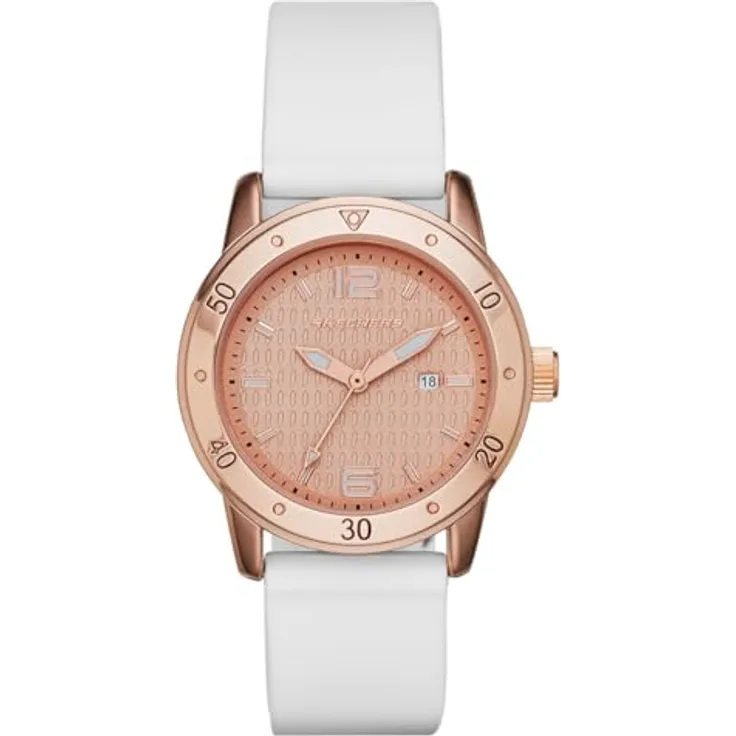 Skechers Damen Analog Quarz Uhr mit Silikon Armband SR6053, 36mm Gehäuse, roségoldenes Zifferblatt, weißer Silikongurt