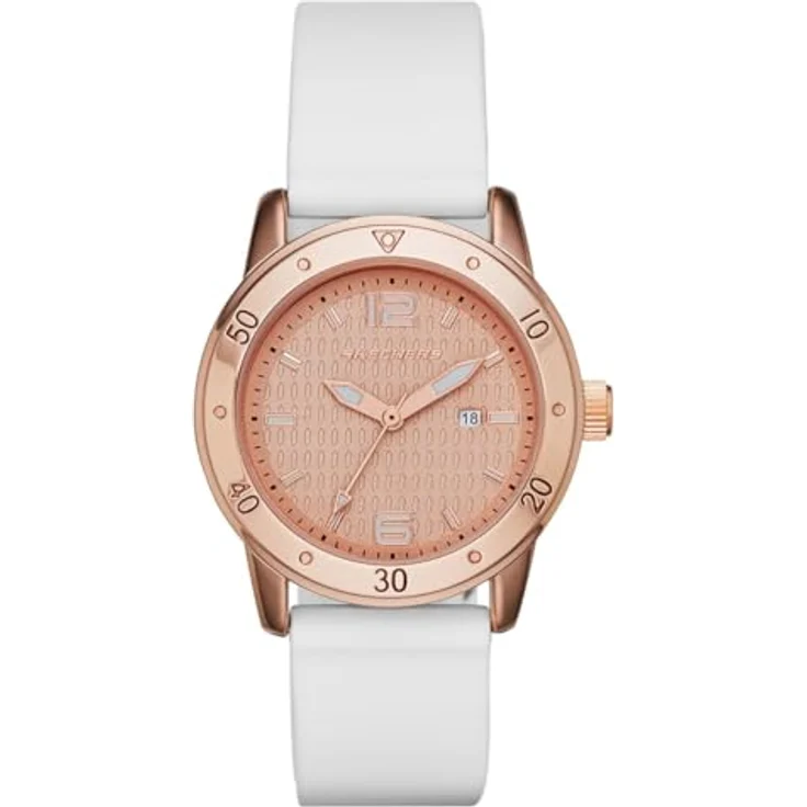 Skechers Damen Analog Quarz Uhr mit Silikon Armband SR6053, 36mm Gehäuse, roségoldenes Zifferblatt, weißer Silikongurt – Bild 1