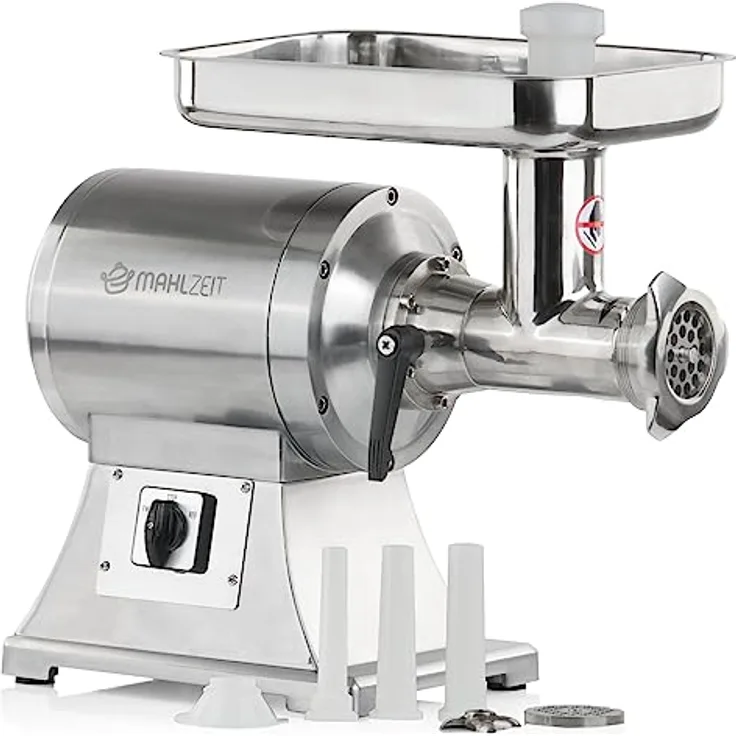 Mahlzeit Edelstahl Fleischwolf elektrisch | Silber | 450W - 75kg/h Meat Grinder Faschiermaschine mit Wurstfüller Elektro Hackmaschine