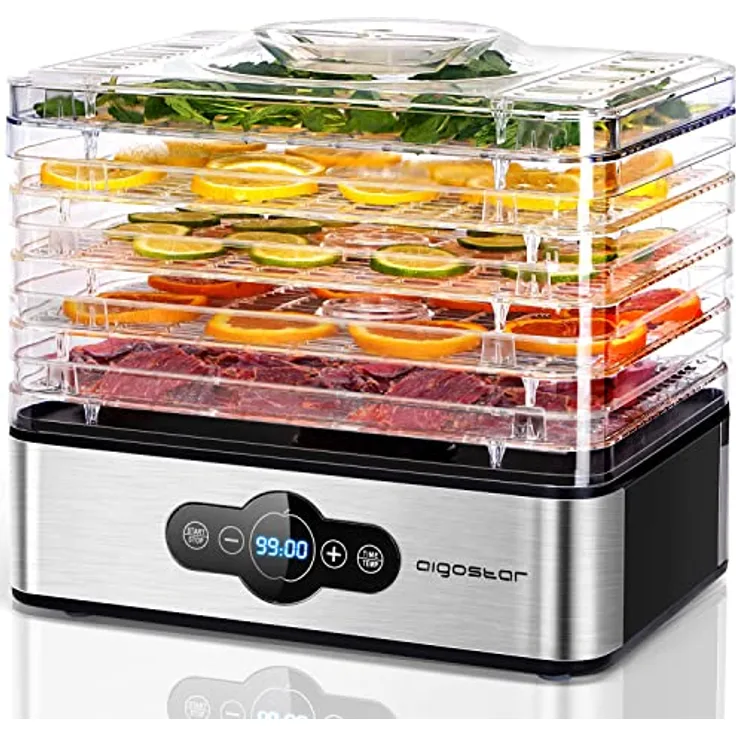 Aigostar Crispy - Dörrautomat, Dörrgerät mit Temperaturregler, 240W, 35-70°C, 99h-Timer, 5 Einlegefächer, Dörrautomat Edelstahl für Fleisch, Obst, Gemüse, Dehydrator - BPA frei