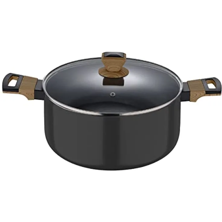 BERGNER Earth | Küchentopf 24 cm mit Deckel | Farbe Schwarz | Aus gepresstem Aluminium mit ergonomischen Holzgriffen | Küchenhelfer | kompatibel mit allen Küchenarten