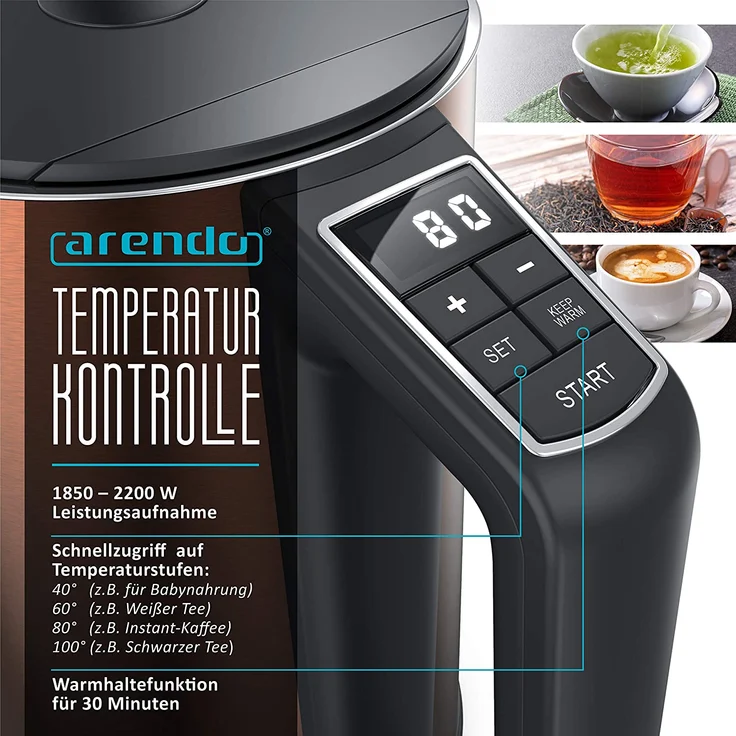 Arendo Elegant Wasserkocher, 1,5 l, 2200 W, Edelstahl Wasserkocher mit Temperatureinstellung 40-100 Grad - 1,5 Liter, chopper – Bild 3
