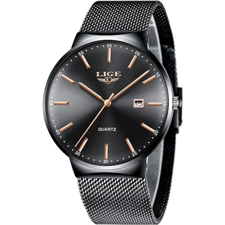 LIGE Ultra Dünne Herren Armbanduhr, analoge Quarzuhr mit Roségoldzeigern und Kalender, Edelstahl-Gitterarmband, 3ATM wasserdicht, für Business und Freizeit – Bild 1