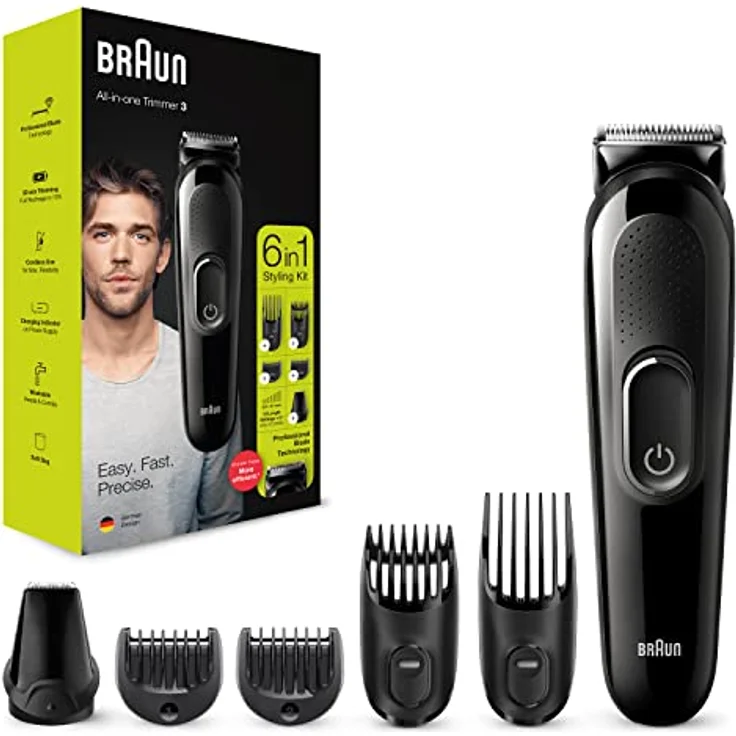 Braun 6-in-1 Bartschneider, mit Haar- und Nasentrimmer, für Bart-, Gesichts- und Haarschneidemaschine mit lebenslangen scharfen Klingen, 5 Aufsätze, Geschenke für Männer, MGK3235, schwarzer Rasierer – Bild 1