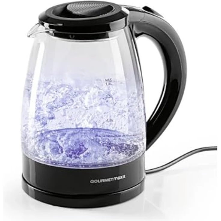 GOURMETmaxx Glas-Wasserkocher 1,8 L, Schwarz, 1800 W, kabellos, mit Blue Vision LED, Kalkfilter, TÜV & GS geprüft, BPA-frei – Bild 3