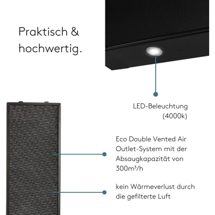 Wiggo Dunstabzugshaube 60cm WE-632R schwarz I Flachschirmhaube für Abluft oder Umluft Dunstabzug 300m³/h mit LED-Beleuchtung I Einbau-Dunstabzugshaube inkl. Fettfilter & 2× Kohlefilter – Bild 3
