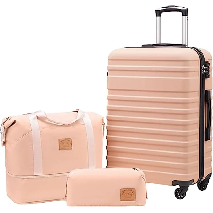 COOLIFE Koffer Trolley, 67 cm ABS Hartschalen Koffer mit 4 Rollen, TSA-Schloss, inklusive Reisetasche und Kulturbeutel, wasserdicht, rot – Bild 1