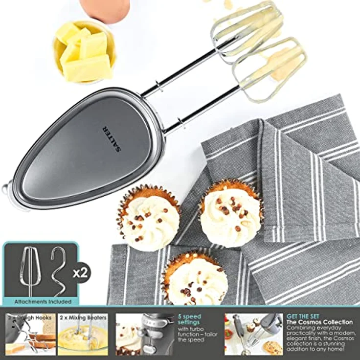 Salter EK4249COSVDEEU10 Elektrischer Handmixer/Schneebesen - mit Rührbesen und Knethaken, 5 Geschwindigkeitsstufen und Turbomodus, Lebensmittel mixen/rühren/schlagen, Cosmos-Kollektion, grau, 300 W – Bild 5