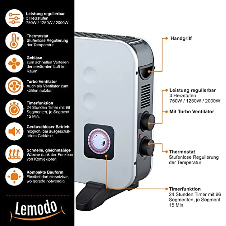 Nativ LEMODO mobile Elektroheizung - energiesparende Konvektor Heizung - Elektrische Heizung mit 3 Leistungsstufen - Heizgerät ohne Gas - robuster Elektroheizkörper (750W / 1.250W / 2.000W) – Bild 3
