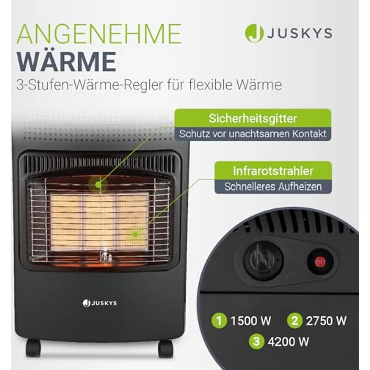 Juskys Gasheizung GS42US – Infrarot-Heizstrahler bis 4200 W für Terrasse & Outdoor – mobiles Heizgerät mit Keramikplatten – Gasheizstrahler in Schwarz – Bild 4