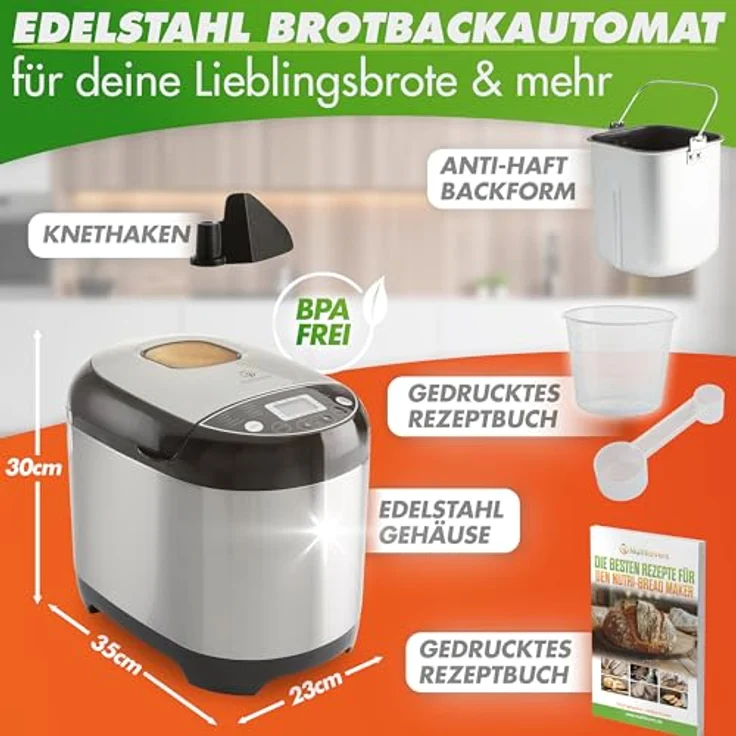 Nutrilovers NUTRI-BREAD-MAKER Edelstahl Brotbackautomat mit 19 Programmen, 3 Bräunungsstufen, 3 Brotgrößen (500g, 750g, 1000g), Timer und Rezeptbuch – Bild 3