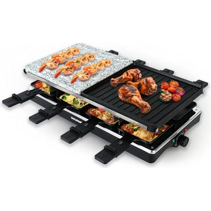 GOURMETmaxx 2-in-1 Raclette Set 8 Personen, elektrisch mit Temperaturregelung, Naturstein- und Aluminiumplatte, inklusive 8 Pfännchen & Schabern