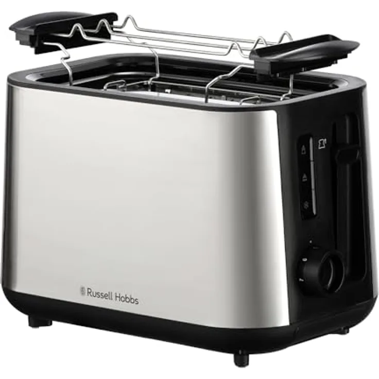 Russell Hobbs Toaster Heaton (extra breite Toastschlitze, 6 Bräunungsstufen, Hebefunktion, Auftau-, Aufwärm- & Stoppfunktion, Krümelschublade, Brötchenaufsatz, Edelstahl) 27390-56