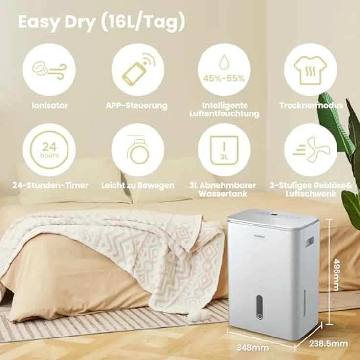 Comfee Luftentfeuchter Easy Dry 16L/Tag, 4 Modi, Wäschetrockner, Luftbefeuchter angeschlossen, Swing-Funktion, 3 l Wassertank, 32㎡/80 m³, Hochwertiges Material, Flexibel, Langlebig, 430 W Leistungsaufnahme – Bild 2