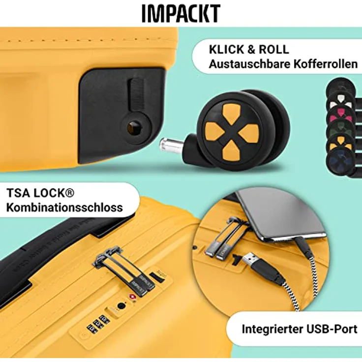 IMPACKT IP1 4-Rad Handgepäckkoffer aus recyceltem Material mit 6 Jahren Garantie; nachhaltiger Hartschalenkoffer mit austauschbaren klick-Rollen + USB Port; 55 cm, 2,8 kg, 38 Liter – Bild 3