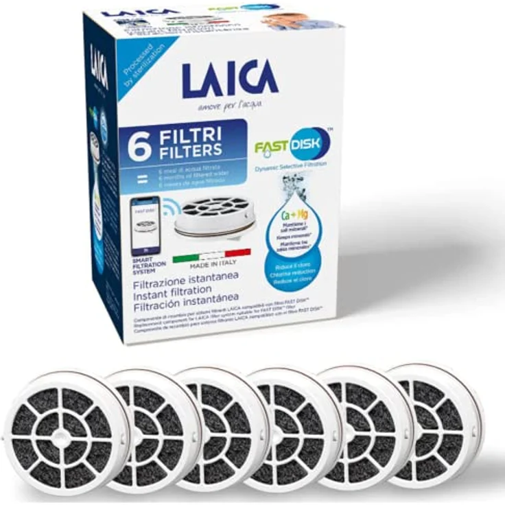 Laica Fast Disk, patentiertes Aktivkohle-Patent, 100% Made in Italy, Sofortfilter, Lebensdauer 1 Monats-120 L, Packung mit 6 Filtern, 6 Stück – Bild 2