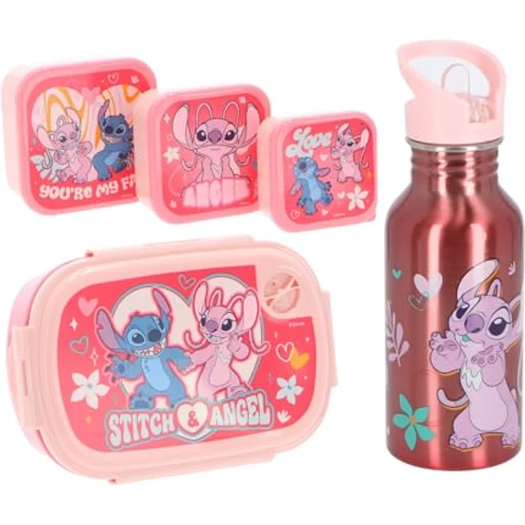 Lilo and Stitch Stitch & Angel Lunchset für Kinder, 5-teilig mit Brotdose, 3 Snackboxen & Trinkflasche, Rosa Design, ideal für Schule und Ausflüge – Bild 1