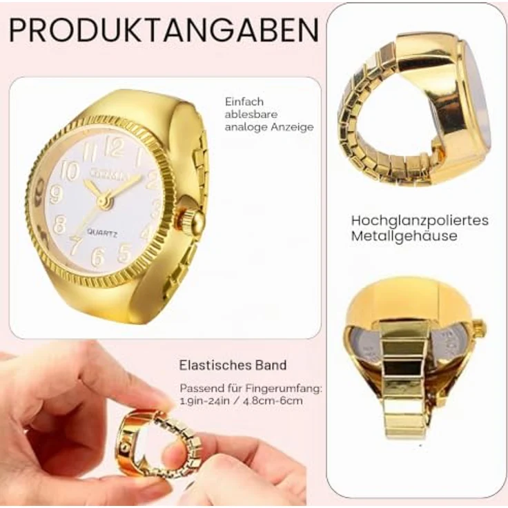 JewelryWe Fingeruhr Ringuhr Gold Analog Quarz mit Stretchband, 10m wasserdicht, elegante Geschenkidee für Damen und Herren – Bild 3