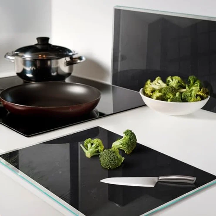Tulup Schneidebretter Glas, 2 Stück 40x52 cm, dekorativ, hitzebeständig, lebensmittelecht, antibakteriell, schwarz, mit rutschfesten Silikonfüßen – Bild 3