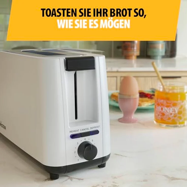 Tristar Langschlitz Toaster, 7 Bräunungsstufen, Aufwärmfunktion, Auftaufunktion, Liftfunktion, Zentrierfunktion, Abbruchfunktion, Weiß, BR-1056 – Bild 5