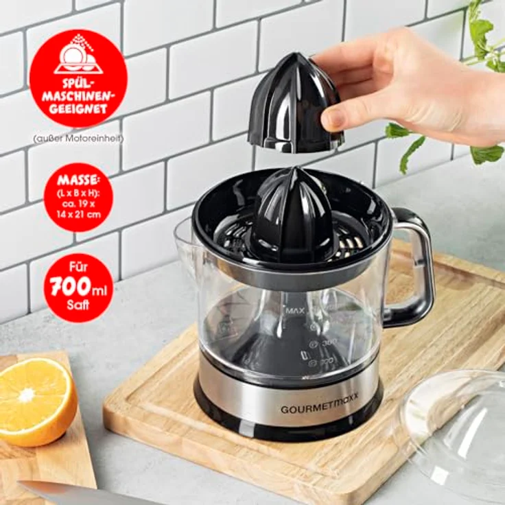 GOURMETmaxx elektrischer Entsafter für Zitrusfrüchte & Orangensaft | Saftpresse bis 700 ml Füllvolumen | Zitruspresse mit verschiedenen Zubehör für frischesten Geschmack | 40 W [transparent/silber] – Bild 4