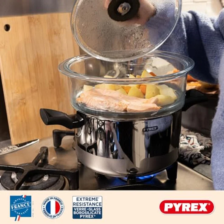 Pyrex Doppelter Dampfkorb 20 cm mit Deckel aus Borosilikatglas, geeignet zum Dampfgaren, 2 Dampfkörbe – Bild 5