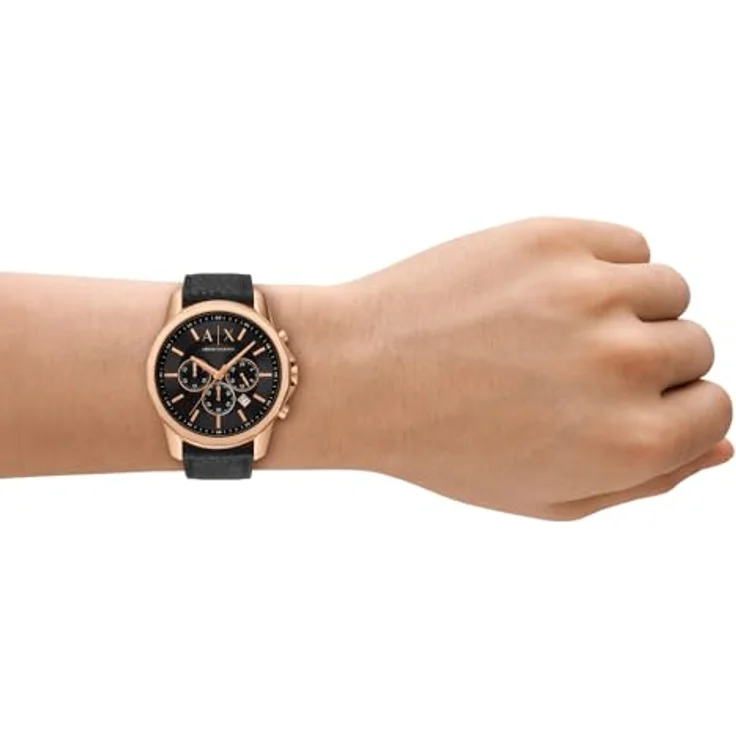 Armani Exchange AX1769, Herren 44MM Roségoldfarbene Edelstahluhr mit schwarzem Sunray-Zifferblatt und Kautschukband, 50m Wasserdicht – Bild 2