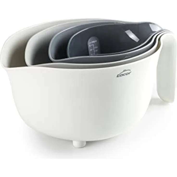 LACOR - 62633 - Set mit 4 Schüsseln, 100% BPA-frei, Mischschüssel (3,5 l), Abtropfsieb (2 l), 2 Messbecher (1/0,5 l), stapelbar, spülmaschinenfest, Ø 22 x 15 cm, weiß, grau