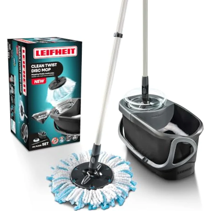 Leifheit Bodenwischer-Set CLEAN TWIST Disc Mop Ergo Black, 4-teilig, mit Auswringen im Stehen, dosierbarer Feuchtigkeit und Teleskopstiel 109-140 cm – Bild 1